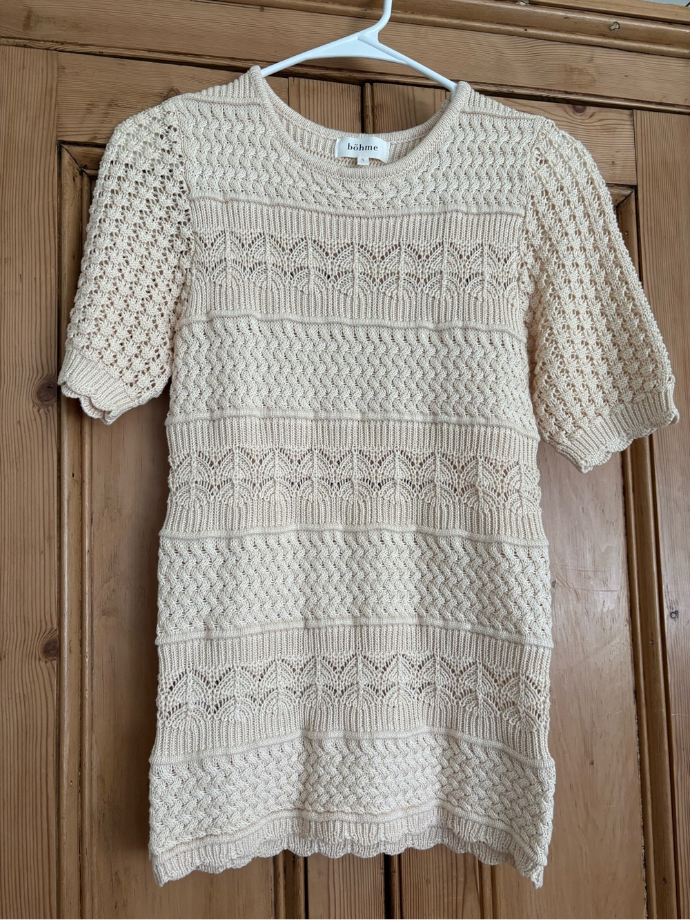 Bohme Cream Crochet Knit Short-Sleeve Sweater